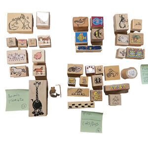 LOT OF 36 Rubber Stamps Wood Mounted - Rabbits Frogs Fish Cats Dogs Farm Zoo